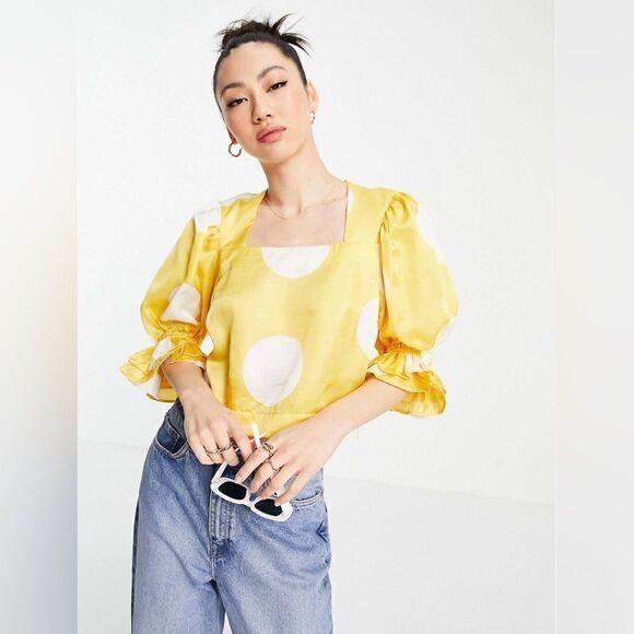 NWOT Vero Moda Puff Sleeve Blouse in yellow with polka dots - Picture 1 of 4